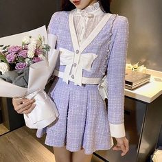 Cute Asian Outfits, Tweed Outfits, Tweed Outfit, Tweed Set, Mini Pleated Skirt, Purple Outfits, Asian Outfits