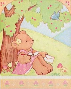 a brown teddy bear sitting under a tree next to a bird and flower filled field