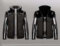 a black and silver jacket is shown in three different angles, with the hood pulled back