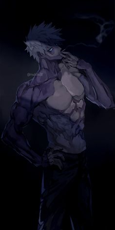 an anime character with no shirt on in the dark