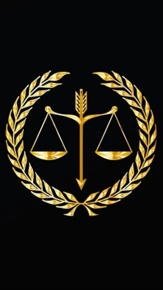 the golden scales of justice symbol in front of a black background with gold laurels