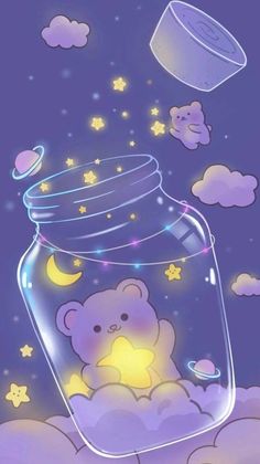 there is a teddy bear in a jar on the clouds