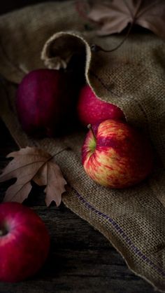 an apple is sitting on top of burlock with leaves and the words an apple a day