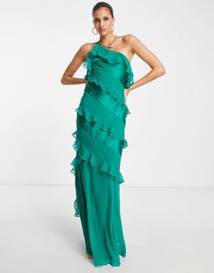 ASOS DESIGN satin bias ruffle maxi dress in forest green | ASOS Green One-shoulder Spring Gown, Green One-shoulder Gown For Spring, Green Off-shoulder Maxi Dress For Prom, Off-shoulder Green Maxi Dress For Prom, Green One-shoulder Maxi Dress For Parties, Green One-shoulder Maxi Dress For Evening, Green One-shoulder Maxi Dress For Prom, Green One Shoulder Maxi Dress For Prom, Chic Green Ruffled Evening Dress