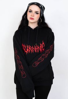 "Black hoodie with a red \"BURNING\" print on front and flames on hood and sleeves. The model is 167 cm tall and wears size XL. JOIN US ON INSTAGRAM 🌹 http://instagram.com/blvck.pl 🏷 PRODUCT DETAILS 🏷 Hand-printed Unisex 80% High-quality Cotton 20% Polyester Made in Poland 📏 SIZING & FIT 📏 All our sweatshirts and T-shirts are unisex. Measurements (width/length) S - 54/67 cm (21\"/26\") M - 57/69 cm (22.5\"/27\") L - 60/71 cm (23.5\"/28\") XL - 63/73 cm (25\"/29\") XXL - 65/76 cm (25\"/3 Tattoo Flames, Y2k Tumblr, Grunge Hoodie, Clothing Grunge, Diy Denim Jacket, Clothing Aesthetic, Hoodie Aesthetic, Embroidery Hoodie, Aesthetic Hoodie