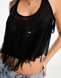 Miss Selfridge festival mesh scoop top with fringe detail in black | ASOS Scoop Top, Apply Online, Miss Selfridge, Online Shopping, Asos, Latest Trends, Mesh, Festival, Black