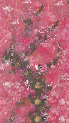 an abstract painting with pink flowers and green leaves