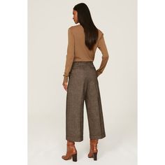 Brown tweed (53% Wool, 47% Cotton). Trousers. Front zipper fly with button closure. 25" inseam. 13.5" rise. Imported. Winter Workwear Bottoms With Button Closure, Tailored Pants With Button Cuffs For Fall, Chic Winter Pants With Button Closure, Wool Bottoms For Winter Workwear, Classic Winter Bottoms With Button Closure, Elegant Brown Pants For Fall, Fall Workwear Bottoms With Button Closure, Formal Pants With Button Cuffs For Fall, Fall Bottoms With Button Closure For Workwear