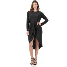 Experience the epitome of elegance and sophistication with our Long Sleeve Dressy Tulip Skirt Knee Length Dress. This dress is designed to make you feel like a true fashion icon. With four stunning color options to choose from, you can effortlessly express your personal style. The long dolman sleeves add a touch of modern flair, while the draped fabric detail exudes an air of grace and refinement. The modesty slip underlayer on the front ensures you feel confident and comfortable throughout the Look Office, Designer Party Dresses, Skirt Knee Length, Tulip Skirt, Knot Dress, Pleated Midi Dress, Draped Dress, Fall Style, Donna Karan