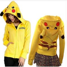 a woman wearing a yellow pokemon hoodie