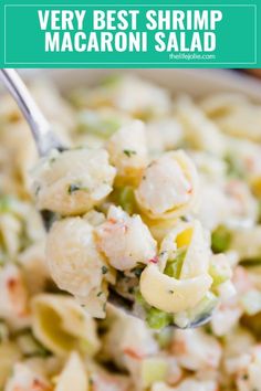 a spoon full of macaroni salad with text overlay