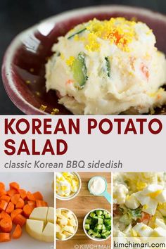 korean potato salad in a red bowl on a white plate with the title above it