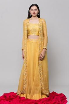 Shop for Surbhi shah Yellow Pure Organza Embellished Jacket And Skirt Set for Women Online at Aza Fashions Jacket And Skirt Set, Organza Jacket, Floral Embellishment, Deep Yellow, Embellished Jacket, Yellow Jacket, Sequin Jacket, Blue Outfit, Full Sleeves