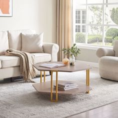 a living room with two couches and a coffee table in front of a window