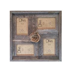 a wooden frame with three pictures and a flower