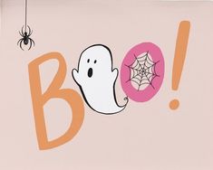 a halloween greeting with a ghost and spooky spider hanging from it's side