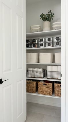 an organized pantry with baskets and containers