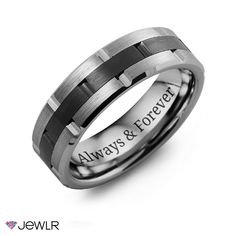 men's wedding band with black and silver inlays that says always & forever