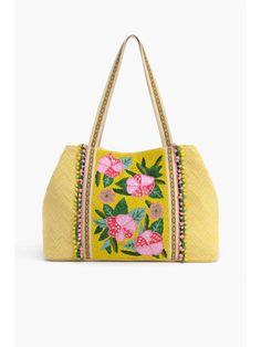 This is the perfect gift for a friend or yourself! Hand Beaded Tote Beautifully hand-beaded flowers in bright colors Fully Lined Interior with Zip Pocket Handwoven Jacquard Backing with Lurex Detail Double Shoulder Straps Pompom Detail Around the Straps Magnetic Button Closure Size 24" X 13" X 6" Details • Made in India • Dimensions: 24″ x 13″ x 6″ (61 x 33 x 15.2 cm) Yellow Hibiscus, Boss Girl, Personalized Letters, Hand Beading, Beaded Flowers, Free Spirit, Small Bags, Flower Power, Hibiscus