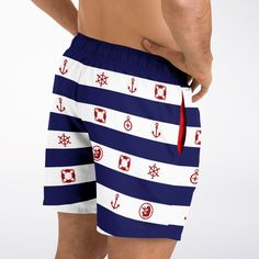 Get ready to soak up the sun in our Maris Equi Men's Nautical Swim Shorts. Designed for comfort and performance, this swimsuit is perfect for all your aquatic adventures. Mix and match with our coordinating shirts, flip flops, and swim briefs to create your own signature beach look. Shop now and make waves with Maris Equi! These swim trunks are handmade after you order them. Please allow 2 weeks for delivery. This suit has a lot of stretch and is very size friendly. If you want a tighter look, s Bermuda Swim Trunks With Built-in Shorts For Vacation, Bermuda Swim Trunks With Built-in Shorts For Beach, Summer Swim Trunks For Vacation Swimming, Sporty Navy Beach Shorts, Sporty Navy Shorts For Beach, Navy Swimwear For Surfing In Summer, Bermuda Swim Trunks For Poolside Beach Season, Blue Bermuda Swimwear For Vacation, White Swim Trunks With Upf 50+ For Beach