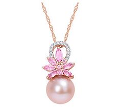 Put on this pink pendant when you want feminine flair with a luxurious look. Pink sapphires and a cultured freshwater pearl lend this necklace their warm hue, while diamond accents boost the brilliance. From Bellini. Elegant Pink Pearl Gemstone Necklace, Elegant Pink Pearl Necklace For Anniversary, Pink Pearl Pendant Jewelry For Anniversary, Elegant Pink Pearl Pendant Necklace, Elegant Pink Pendant Pearl Necklace, Pink Gemstone Accents Necklaces For Formal Occasions, Formal Pink Gemstone Accented Necklaces, Formal Pink Necklaces With Gemstone Accents, Pink Pearl Drop Fine Jewelry