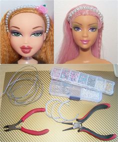 barbie doll making supplies including scissors, beads and hair