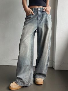 Light Wash Casual Collar  Denim Plain,All Over Print Wide Leg Embellished Non-Stretch All Women Clothing Baggy Jeans With Pockets, Wide Leg Baggy Jeans, Baggy Jeans For Women, Sixth Form Outfits, Jeans With Pockets, Grunge Jeans, Basic Essentials, Baggy Clothes, Outfit Inspo Casual