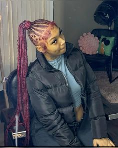 Fed In Ponytail, 4 Cross Stitch Braids, Pink Hairstyles Braids, Hairstyles Baddie Braids, Braided Ponytail With Color, Braided Ponytail With Design, Freestyle Braided Ponytail, Long Braided Ponytail Hairstyles