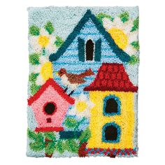 a birdhouse hooked up to a door mat on a white background with trees and flowers