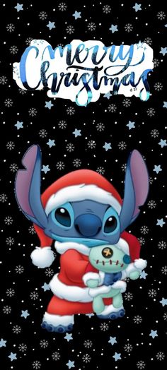 a christmas card with an image of stitchy holding a teddy bear