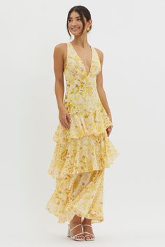 Veda Strappy Back Ruffle Midi Dress Floral Yellow by Selfie Leslie Midi Dress Floral, Yellow Floral Dress, Layered Dress, Ruffle Midi Dress, Dress Floral, Floral Midi Dress, Yellow Floral, Yellow Dress, Guest Dresses