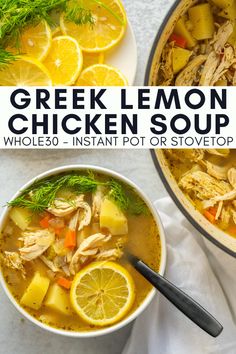 two bowls of greek lemon chicken soup with sliced lemons