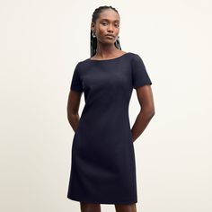 Rosie Dress - Washable Wool Twill :: Galaxy Blue Fitted Mini Dress With Boat Neck For Spring, Classic Knee-length Mini Dress With Flattering Silhouette, Elegant Fitted Mini Dress With Boat Neck, Classic Mid-length Dresses For Fall, Classic Mid-length Fall Dresses, Fitted Mid-length Office Dress, Classic Mini Dress For Fall, Classic Fitted Mini Dress, Fitted Short Sleeve Dress For Fall