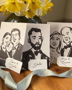 three cards with pictures of people on them, one is for the bride and two are for the groom