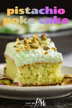 a piece of pistachio poke cake on a plate