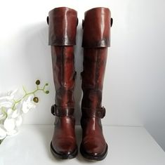 Francesco Morichetti Leather Tall Riding Boots. Distressed Leather With Strap Detail Snap On Shaft Of Boot. Straps Are Removable. Made Using Dip Dyed Technique. Bright And Intense Colors May Change In Shade And Intensity With Daily Use, Giving The Leather A Natural Vintage Look. Such Changes Are Not Defects, But Rather The Expression Of This Particular Workmanship. Excellent Condition, Only Shows Minor Wear On Heels And Tiny Scuffs On Toe Area. Amazing Quality Boots. Made In Italy. Size 35eu Western Brown Leather Knee-high Boots, Western Style Brown Leather Knee-high Boots, Vintage Leather Riding Boots, Brown Leather Knee-high Riding Boots, Western Calf Leather Knee-high Boots With Round Toe, Western Knee-high Boots With Round Toe And Leather Lining, Western Knee-high Boots With Leather Lining, Vintage Leather Knee-high Boots With Round Toe, Western Leather Knee-high Moto Boots