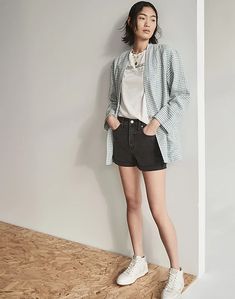 Women's High-Rise Denim Shorts in Lunar Wash | Madewell Collarless Blazer, Jeans Bags, Stylish Jeans, High Rise Denim Shorts, Madewell Denim, Gingham Check, High Rise Denim, Bags And Accessories, Staple Pieces