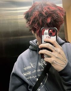 Short Dyed Hair, Red Hair Men, Dyed Tips, Black Red Hair, Hair Change, Dyed Hair Men, Split Dyed Hair