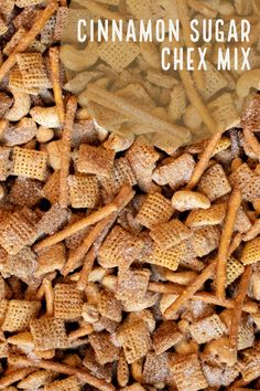 cinnamon sugar chex mix in a pile with the title overlay that reads, cinnamon sugar chex mix