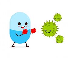 a cartoon character with boxing gloves and punching mitts in front of some germs