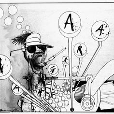 a black and white drawing of a man with many different things in his head, including letters