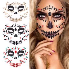 PRICES MAY VARY. 💎Halloween Face Jewels - 3 different styles unique day of the dead face gems tattoo sticker. Complete your festival outfit off with these amazing gems! Use these crystal holographic face jewels along with glitter to accent your beautiful makeup. 💎DIY Your Own Halloween Face Gems - The halloween face jewels are all connected with a clear gelatin like sticky pad that can be removed in one piece and stuck onto your face.You can use scissors or a blade to cut off any of the jewels Temporary Tattoo Face Makeup, Face Paint For Football Games Dots, Nem Halloween Makeup, Halloween Makeup Tutorials, Maquillage Halloween Simple, Temporary Face Tattoos, Halloween Makeup Tutorial Easy, Horror Ghost, Gem Tattoo