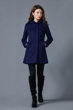 wool coat, polyester liningThe navy blue coat design made of simple style. Fit and flare style is always popular with women. The wool coat is made with navy blue wool blend, it has lining inner. it is enough warm. The winter coat is a beauty overcoat for the coming winter, The midi coat is closed by the buttons. The simple design let this coat better beautiful, the wool coat has two side pockets design.I suggest dry clean for winter wool clothing, it is good for save clothing. you also can wash Hooded Wool Coat With Pockets For Winter, Hooded Wool Coat For Fall Workwear, Hooded Wool Coat With Pockets For Fall, Blue Coat Outfit Winter, Navy Blue Coat Outfit, Blue Coat Outfit, Dark Blue Coat, Mod Clothing, Fit And Flare Coat