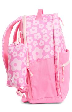 Colorful styles give kid-approved charm to a soft and durable backpack equipped with padded shoulder straps and plenty of pockets to stash school essentials. 17 1/2"H x 16 1/2"W x 6 1/2"D Zip around closure Single top handle; adjustable back shoulder strap Polyester Imported Pink School Bag With Water Bottle Pocket, Pink School Backpack With Water Bottle Pocket, Pink Backpack With Water Bottle Pocket For Daily Use, Playful Pink Backpack For Outdoor Activities, Pink Adjustable Backpack For Back To School, Adjustable Pink Backpack For Back To School, Pink Backpack With Water Bottle Pocket, Pink Outdoor Backpack With Water Bottle Pocket, Durable Backpack