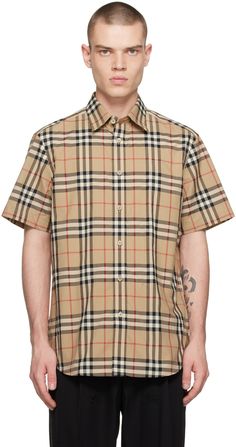 Cotton poplin shirt. Check pattern printed throughout. · Spread collar · Button closure · Patch pocket at chest · Shirttail hem · Mother-of-pearl hardware Supplier color: Archive beige Burberry Shorts, Burberry Shirts, Burberry Shirt, Wool Shirt, Cotton Poplin Shirt, Twill Shirt, Burberry Men, Poplin Shirt, Check Shirt