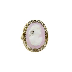 "Antique Art Deco 14k Gold Pink Shell Cameo Ring Size 6.5.  Stamped 14k on shank.  Features small diamond as an earring on the cameo. Ring is a size 6.5, measures 7/8\" long. Good vintage condition." Antique Diamond Intaglio Jewelry, Fine Jewelry Diamond Intaglio, Diamond Intaglio Fine Jewelry Rings, Diamond Intaglio Rings, Fine Jewelry, Fine Diamond Intaglio Jewelry, Fine Jewelry Diamond With Intaglio Detail, Classic Yellow Gold Cameo Jewelry, Diamond Intaglio Jewelry, Round Diamond Intaglio Jewelry