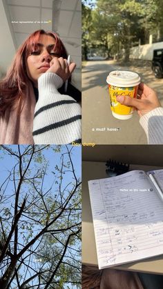 a collage of photos with coffee and writing