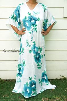 "Measurement and detail: 👉Fabric: 100% Breathable and Comfy Rayon 👉Special Feature: Adjustable rope around the waist to tighten the kaftan 👉Size: One Size Fits Most (M-5XL) Extremely comfy 👉Boho/Hippie /Hawaiian/Beach/Tropical Theme 👉Length of Dress: 55\" 👉Width of Dress: 45\" 👉Bust 60\"-90\" 👉The back is identical to front pattern 👉Great for wearing while doing arts, crafts, relaxing at your home or feeling tropical vibes. ------------------------------------------- 🌸Care Instruction: Beachwear Floral Print Maxi Dress In Free Size, Free Size Floral Print Maxi Dress For Beachwear, White Hawaiian Dress With Hibiscus Print, Tropical Beach Maxi Dress, White Hawaiian Beach Dress, White Hawaiian Beach Season Dresses, Tropical Floral Print Beach Dress With Short Sleeves, Tropical Short Sleeve Maxi Dress For Beach Cover-up, Tropical Beach Dress With Floral Print And Short Sleeves