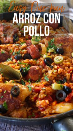 an easy one pan arroz con polllo recipe with olives and peppers