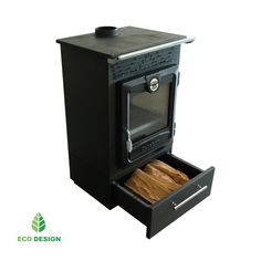 an eco design stove with its door open and bread in it's bottom drawer